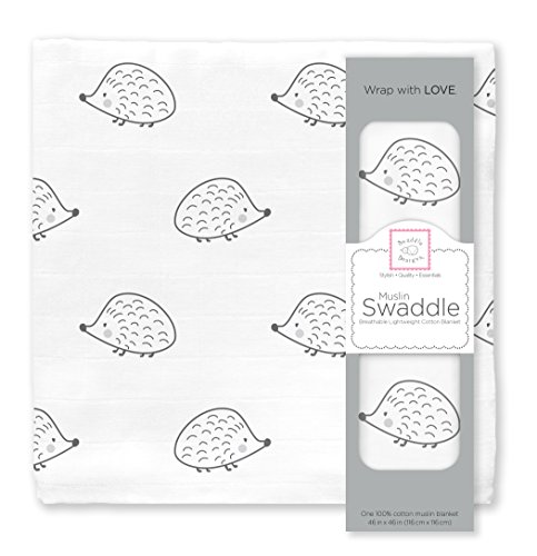 Image of SwaddleDesigns Cotton Muslin Swaddle Blanket, Receiving Blanket for Boys & Girls, Best Shower Gift, 46x46 inches, Black Hedgehog