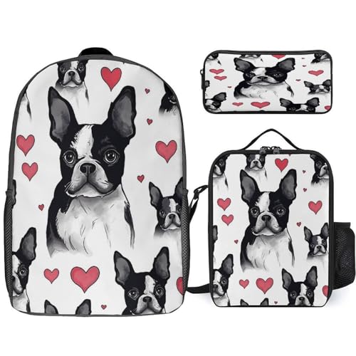 Printed Backpack With Lunch Pack Storage Box Case Boston Terrier Heart Dog 3pcs Lightweight Travel Backpack