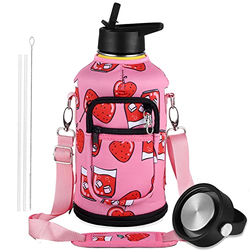 Stainless Steel Half Gallon Water Jug with Straw, Sleeve & 2 Lids, Rogisi Insulated 64oz Water Bottle Wide Mouth Vacuum Metal Thermo Mug Keep Cold for 48 Hrs or Hot for 24 Hrs