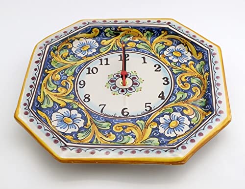 Reloj de cerámica siciliana azul amarillo verde rojo de San Estefano de Camastra decorado a mano barroco Art 24