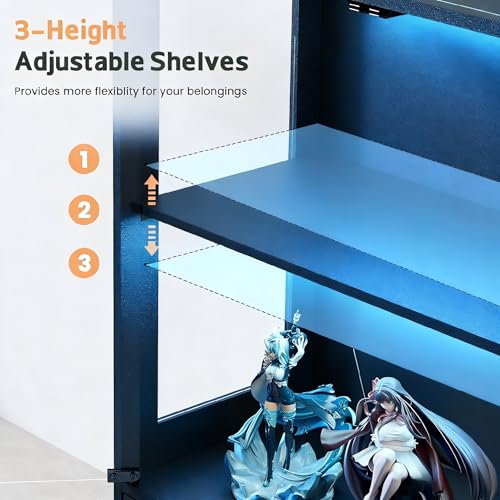 Image of Lamtor 67 inch Display Cabinet with Glass Doors and 1 Drawer | Black | RGB LED Lights, Pop-Up Glass Doors, Adjustable Shelves, Anti-Tip Design
