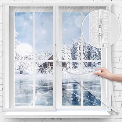 Beeveer 75 x 79 Inches Window Insulation Kit with Zipper Winter Window Plastic for Winterizing Home Thermal Insulated Cover with Adhesive Straps Transparent Reusable Adjustable Thick Attic Cover Warm