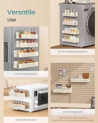 Image of SONGMICS Strong 4 Pack Magnetic Spice Rack for Refrigerator, Kichen Magnetic Shelves for Microwave, Washing Machine, Spice Organizers, No Drilling Needed, Cream White UKCS061W01