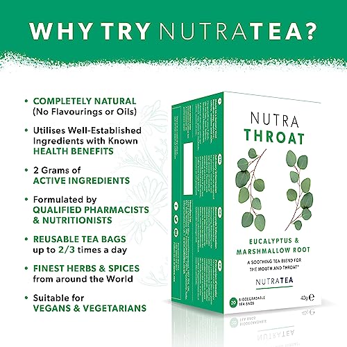 Nutra Tea Nutrathroat - Soothing Throat Tea | Sore Throat Tea | Throat Relief Tea - Tea For Sore Throat & Coughs - Includes Marshmallow Root & Slippery Elm - 20 Enveloped Tea Bags - By Nutra Tea - Herbal Tea thumb #2