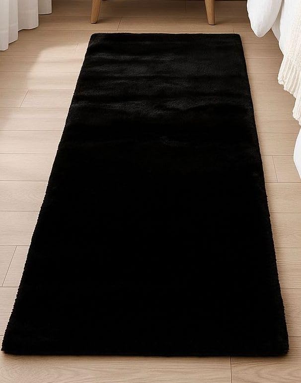 Image of Adorn Supersoft Rabbit Fur Bedside Runner Rug, 60 * 140cms Anti-Skid Backing (Black)