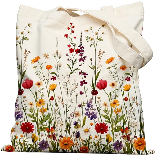 bafayago Floral Tote Bag Double-Sided - Cottagecore Flowers Canvas Tote Bag with Snap Closure & Inner Pocket, Cute Canvas Tote for Work Shopping Commutes Travel
