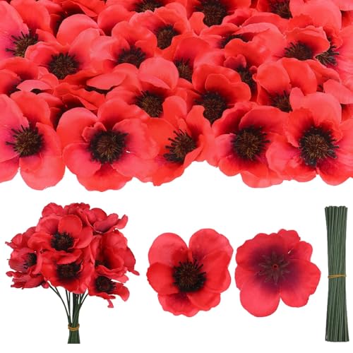 Haishell 150 Set Red Poppy Artificial Flowers Fake Flowers f