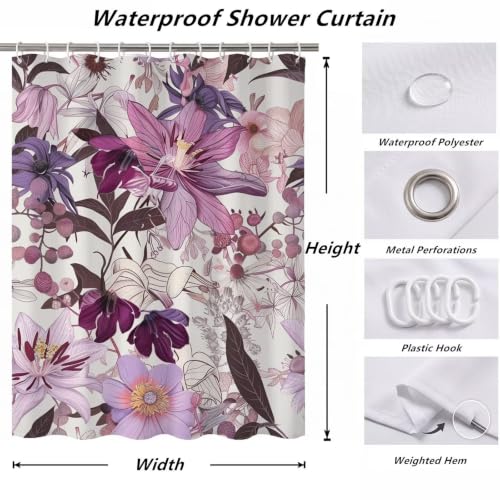 Rideau de douche tissu polyester violet 180x220 lavable accessoires inclus