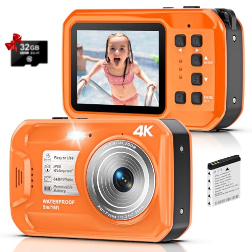 Image of 64MP 4K Waterproof Snorkeling Camera, IP68 16FT Floating Digital Camera Autofocus IPS Display 16X Zoom with 32GB Memory Card