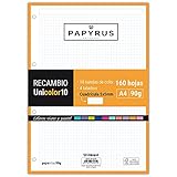 10 Bandas de color. UNIPAPEL 53392499. Recambio 160 Hojas A4, 10 Bandas Color, Cuadrícula 5x5, 90g, Papyrus - Unicolor 10