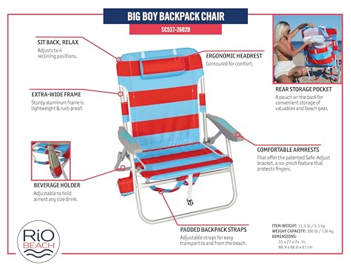 Image of Rio Beach 2-Pack Wide Big Boy 4-Position Backpack Beach Chair with Pillow, Arms, and Storage Pouch, Lightweight Outdoor Portable Camping Chair with Carry Straps, Supports up to 300 lbs., Blue /Red