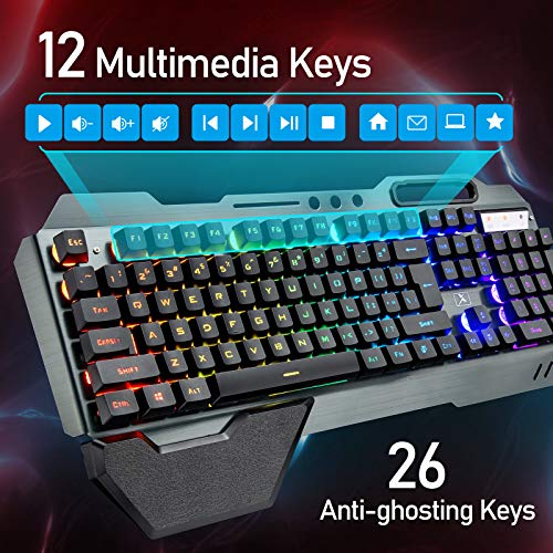 Wireless Gaming Keyboard Mouse And Wired Computer Speaker With Rainbow Rgb Backlit Rechargeable Battery Metal Mechanical Ergonomic Waterproof Dustproof Removable Palm Rest For Laptop Pc Gamer(Black) #TOP4