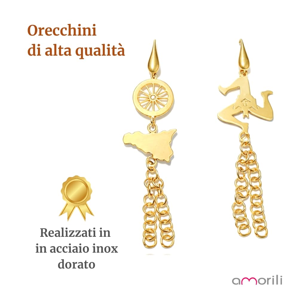 Orecchini Sicilia e Trinacria Pendenti Donna in Acciaio Inox Dorato – Orecchini Monachella Stile Siciliano – Gioiello Tradizionale Elegante per Amanti della Sicilia occ0447