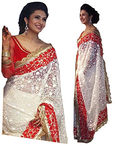 amazon red white saree