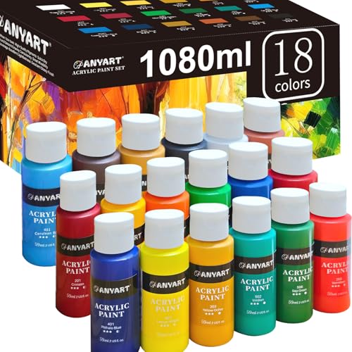 Anyart Acrylfarben Set 18 Farben je 59ml Acrylic Acryl Paint für Leinwand Papier Stein Holz Keramik Stoffe Wasserfest Lichtecht Schnell Trocknend Maler Künstler