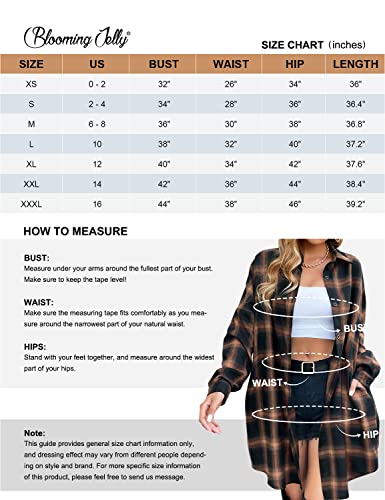 Blooming Jelly Women's Button Down Flannel Shirts Plaid Shacket Long Sleeve Collared Long Jacket Coats（Small,Brown Plaid） #TOP5