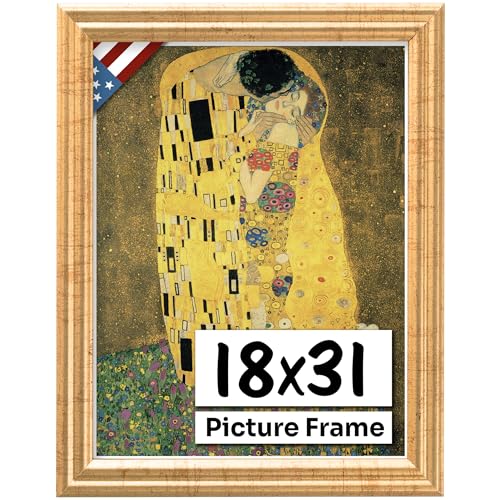 Antique Gold 18x31 Picture Frame .75" Inch Wide - Gold Wall Decor Handmade Solid Wood Frames with Preinstalled Hangers and UV Blocking Plexiglass 31x18 Frame