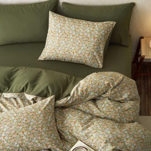 Wake In Cloud – Floral Duvet Cover Set, Cute Vintage Flower Cottagecore Aesthetic for Women Teen Girls, Soft Lightweight Bedding, 3-Piece, Olive Green, Queen Size