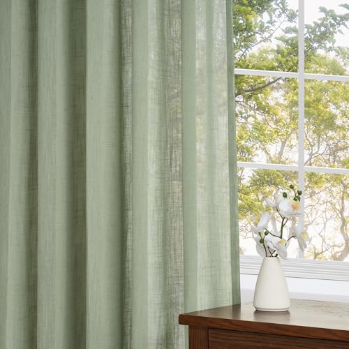 Topfinel 2 Stücke Vorhänge Kurz Salbeigrün Leinen Boho Gardinen Vorhänge mit Kräuselband Voile Vorhang Halbtransparent Vorhang kinderzimmer… – Ansicht 5