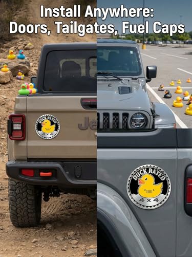 Image of 2 PCS Duck Rated Car Emblem, 4 x 4 Metal Automotive Badge, 3D Round Metal Car Badges Emblems, Car Badge Decals Stickers Compatible with Jeep Wrangler Vehicles Trucks SUV RV(Duck Rated-A)