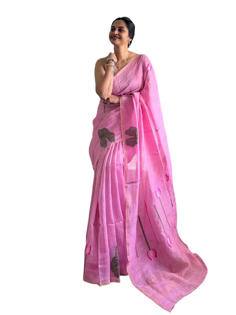 Elegant Pink Linen Saree with Minimal Floral Motif & Subtle Border | Soft Lightweight Ethnic & Office Wear Saree for Women-image-19