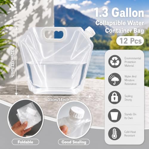 Paquete de 12 bolsas de agua plegables de 1.3 gal con tapa, claro, con asa para camping, senderismo y emergencias al aire libre miniatura 2