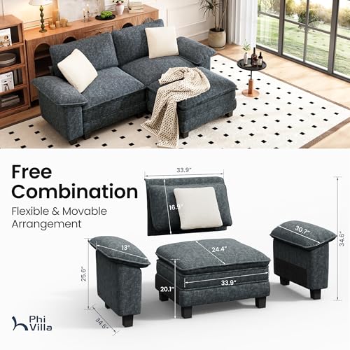 Image of PHI VILLA 87.5 inch Oversized Sectional Loveseat Sofa with 1 Movable Ottoman | Chenille Cyan, Wider Armrest, Comfy Deep Seat, Wood Frame, Modern Cloud Modular Couch for Living Room and Apartment