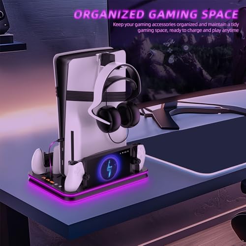 Image of PS5 / PS5 Slim /Pro Stand and Cooling Station with LED Controller Charging Station for PS5,BlackLighting