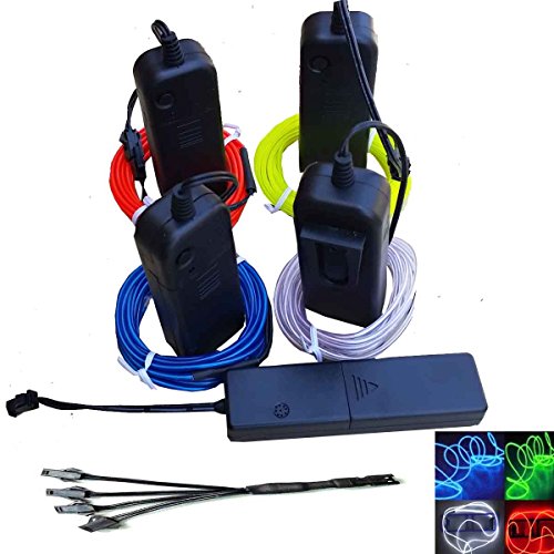 Jytrend 4 Pack 15Ft Neon Glowing Strobing Electroluminescent Wire/El Wire + 4 Battery Pack Controllers (Blue, Green, White, Red) #TOP30