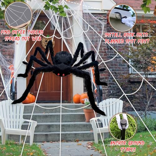 KIYTARBOO Spider Webs Halloween Decorations Outdoor - 200'' Triangular Spider Web + 49'' Giant Fake Spiders for Indoor Outdoor Halloween Decor Haunted House Décor Yard Home Garden Party の商品画像 4