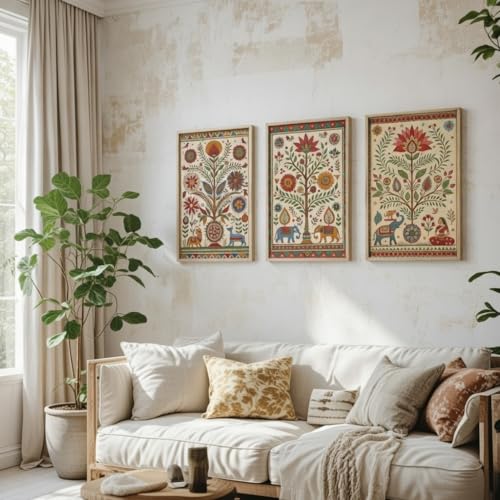 Image of Livin'luxe Indian Folk Art Floral Wall Painting Set of 3 with Wooden color Frames | Traditional Ethnic Artwork HD Sparkle Laminated Wall Decor | Boho Botanical Wall Art for Living Room Bedroom Decor