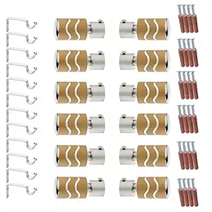 GLOXY Stainless Steel Brackets Parda Holder with Support 1 Inch Curtains Rod Pocket Finials Designer Door and Window Curtain Holders and Rod Support Fittings (Yellow 6 Pair Set)