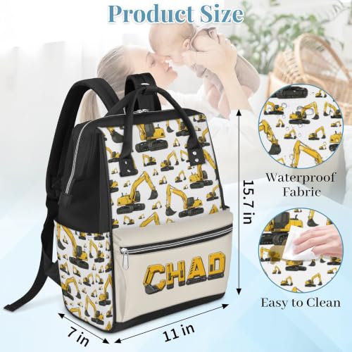 Image of Customized Diaper-Backpack Waterproof Nappy-Bag Baby-Gift Excavator Yellow | Monogram Baby Backpack for Traveling Stroller Organizer Mommy Bag for New Parents Mom Dad Personalized Baby Shower Gifts