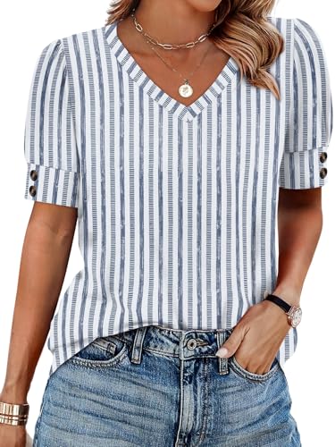 Image of OFEEFAN Womens Tops Short Sleeve Shirts Buttons V Neck Spring Fashion Summer Outfits Plus Size Blouses Dressy Casual
