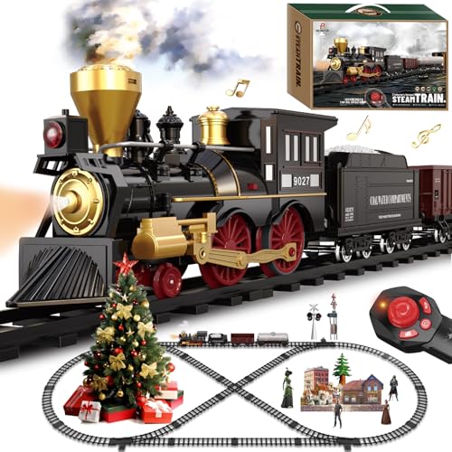 Image of Train Set for Kids Remote Control Train Toys w /Steam Locomotive, Fuel Tank Car & Luxury Tracks, Electric Trains w /Realistic Smoke,Sounds & Lights, Christmas Birthday Gift for Boys Girls 3 4 5 6 7+