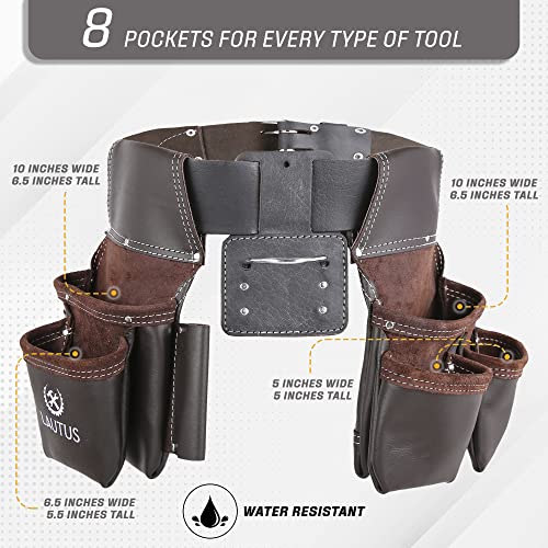 Image of LAUTUS Oil Tanned Leather Tool Belt Rig, Carpenter, Construction, Framers, Handyman - 100% LEATHER |Adjustable Pockets| 8 Pockets | 4 Loop & Hammer Holder|