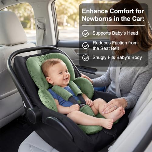 Image of Infant Car Seat Insert for Newborn Boys Girls, Extra Thick & Soft Minky Preemie Car Seat Head Body Support Cushion with Strap Pads, Perfect for Stroller, Baby Swing, Bouncer, 2-in-1 Reversible, Green