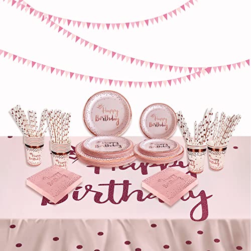 100Pieces Princess Pink Birthday Party Paper Tableware Disposable Sets,Rose Gold Dinner Plates Napkins Cups Dessert Plates And Straws Party Supplies Dinnerware Serve 20 Guests For Girl Women #TOP3
