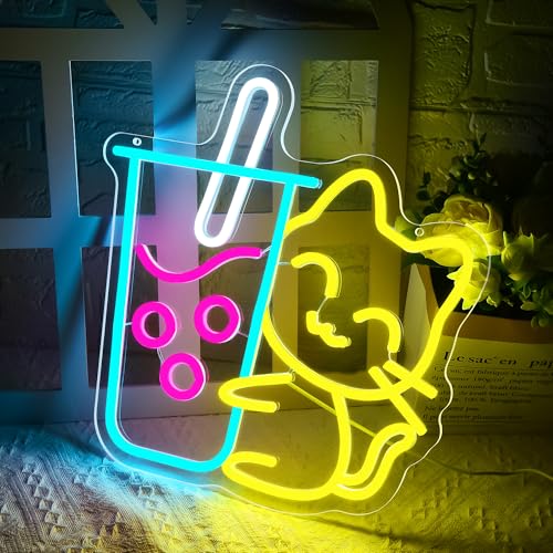 Image of Cat Boba Tea Neon Sign for Wall Decor Dimmable Bubble Tea LED Neon Sign for Cafe Bar Restaurant Coffee Dessert Shop Bedroom Decoration Size13.2 * 13.7In(WZCP019)