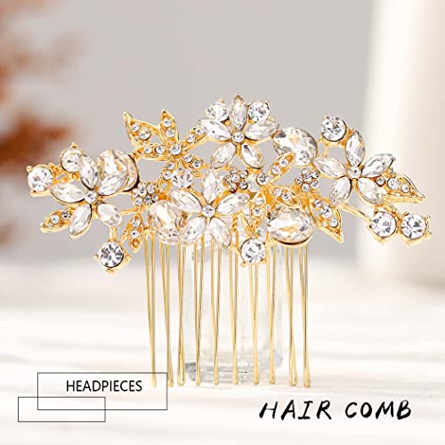 Foyte Crystal Bride Wedding Hair Comb Silver Flower Bridal Headpieces Leaf Hair Pieces Rhinestone Bridesmaid Side Combs Hair Accessories For Women And Girls (Gold Flower) #TOP1