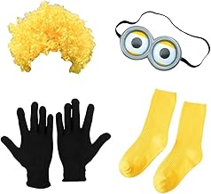 ANCLLO Set per Costume da Minion, Occhiali Occhi Occhiali Parrucca Fantasia Calzini e Guanti Costume Costume Divertente Decorativo Giallo Uomo Costume Cosplay Forniture per Feste Decorazione