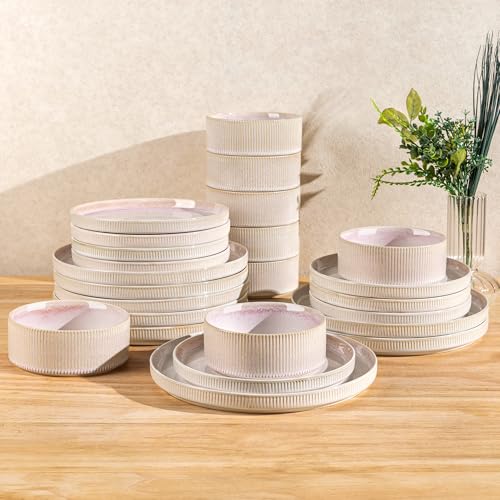 Image of TheTerra Ceramic Dinnerware Sets for 8, 24 Pieces Porcelain Lightweight Plates and Bowls Sets, Scratch Resistant Dish Set, Oven & Microwave & Dishwasher Safe, Primrose Pink