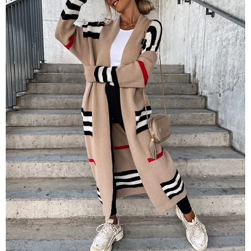 Women's Knit Cardigan Coat Loose Striped Color Block Plus Long Cardigan Sweater Pocket Braided Cardigan Sweater3