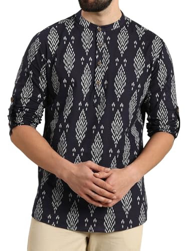 Image of Zombom Men's Cotton Polyester Blend Solid Regular Fit Full Sleeve Printed Short Kurta | Ethnic, Lightweight Summer Kurta for Daily & Occasion Use | Men's Trendy Short Kurta