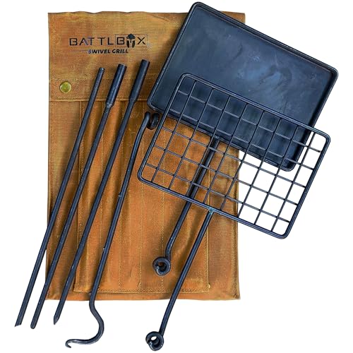 BATTLBOX Bushcraft Grill Set, Steel Campfire Cooking Grate Swivel Grill For Outdoor BBQ Open Fire, Packable Campfire Cook Set, Heavy Duty Campfire Pit Grill, Open Fire Swivel Camping Grill, Canvas Bag
