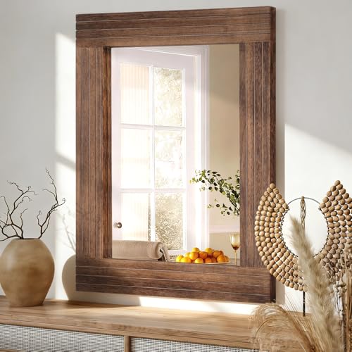 HLFMVWE Specchio rustico rettangolare in legno antico specchio da parete cornice decorazione casa colonica camera da letto comò camera da letto specchio ingresso grande marrone 45 x 65 cm