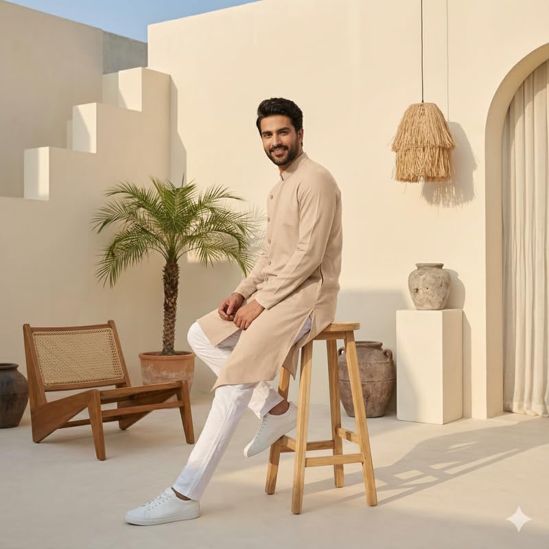 Image of OOMPH! Men's Ethnic Traditional Asymmetric Kurta Polycotton Regular Fit | High Neck Full Sleeves | Traditional Indian Festive Kurta | Stylish Casual and Wedding
