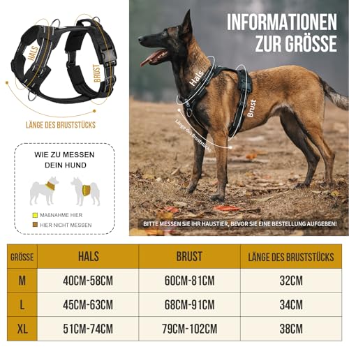 OneTigris Hundegeschirr, Diesel Einstellbar Taktisches Geschirr Weich Gepolstert Brustgeschirr für mittelgroße und große Hunde mit Reflektierend, 1 Griff, 3 D-Ringe (Schwarz, XL)