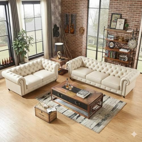 Image of Classic Leatherette Chester Sofa Set Button Tufted, Classic Style Sofa Set 3-Person Sofa for Living Room, Office, and Hallway Colour (Off-White Leatherette, 3+2+1=6 Seater Sofa)