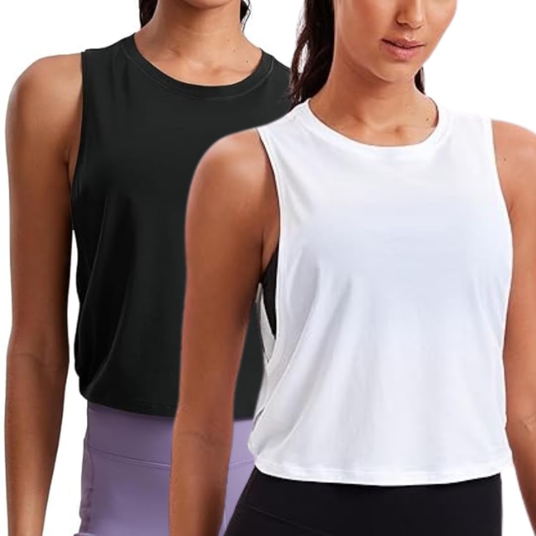 kikwit Cotton Cropped Workout Tank Tops for Women - Sleeveless Sports Athletic Yoga Running Gym Crop Shirts (Pack of 2)-picture-0
